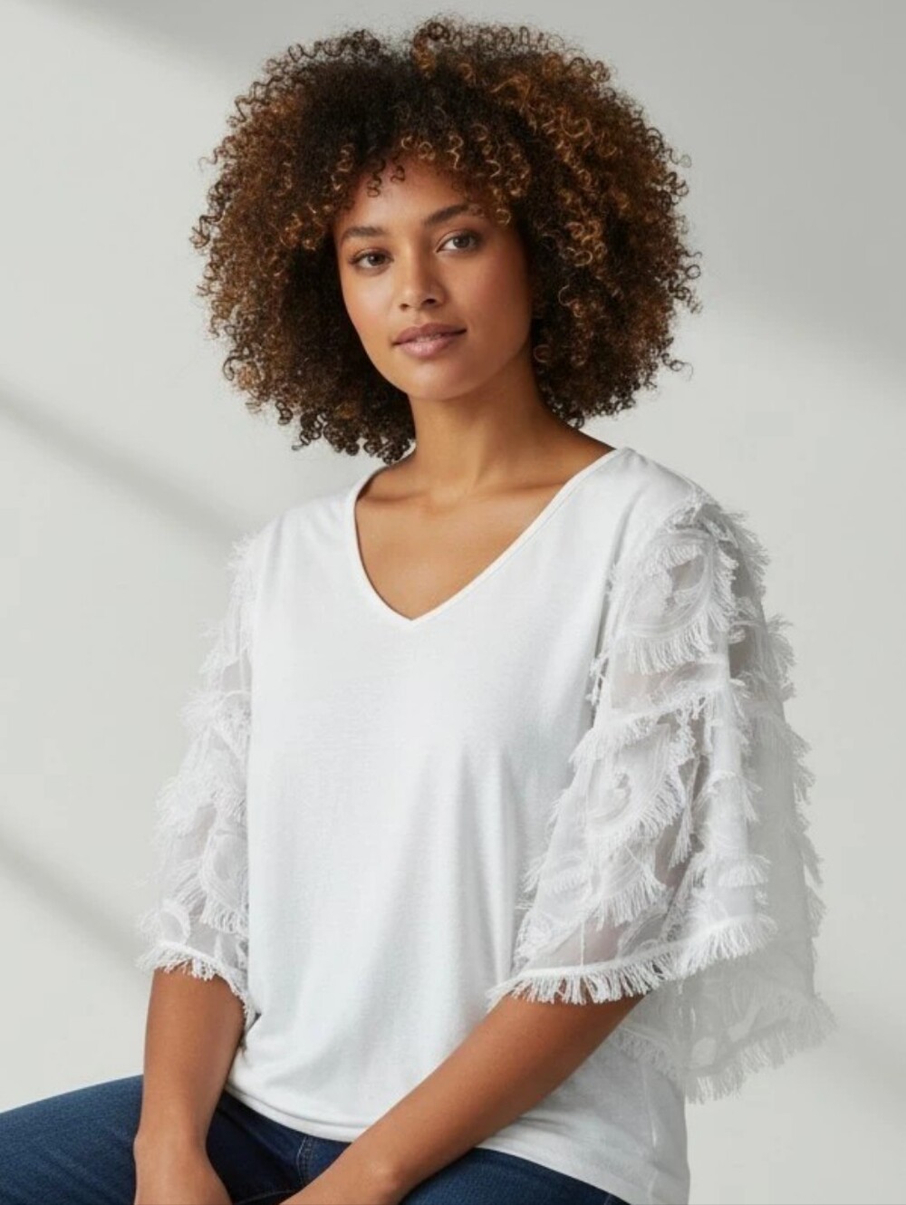 ANDTHEWHY White Knit Top w/Feathery Bell Sleeves